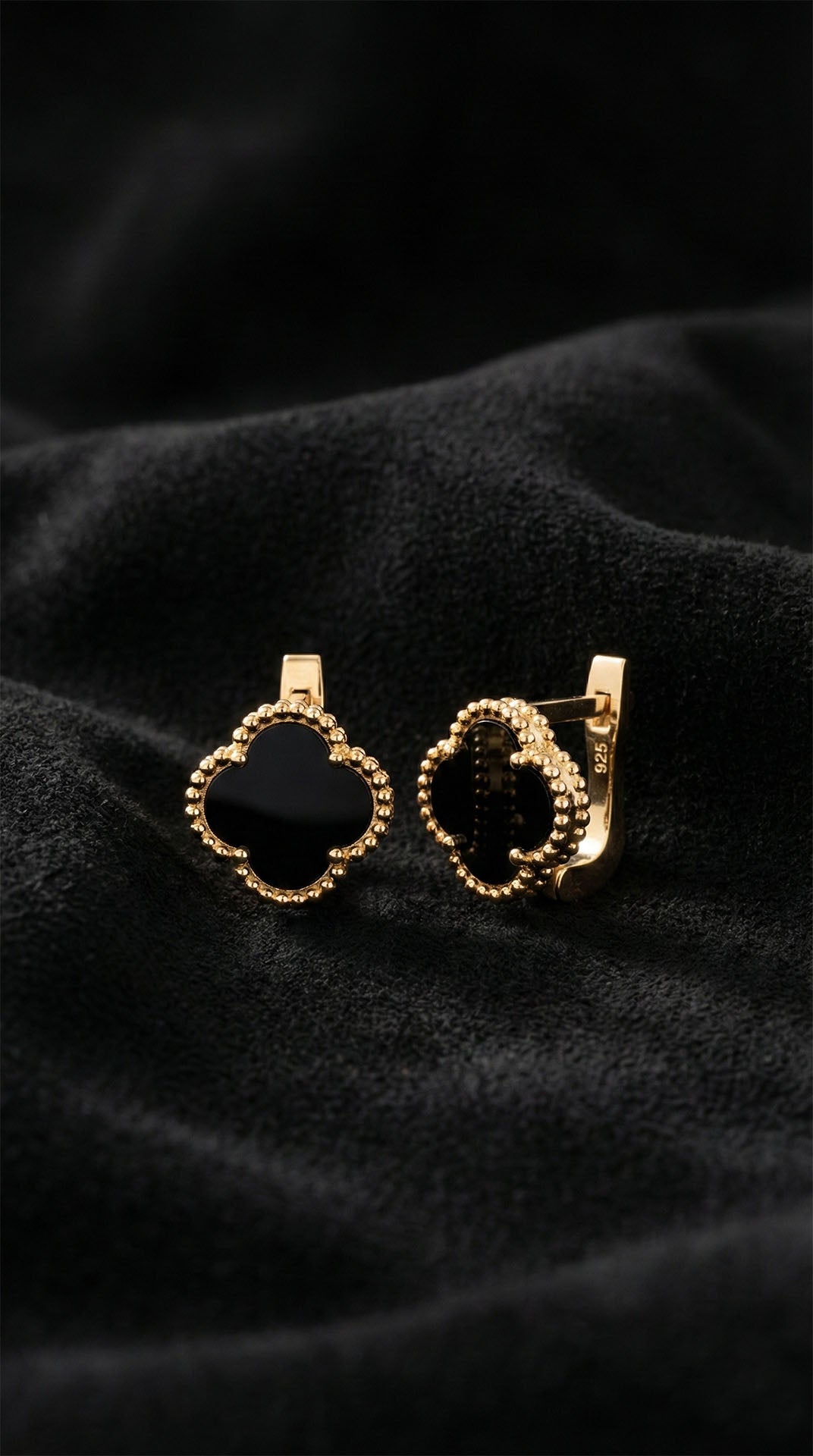 Gold Black Onyx Clover Leverback Earrings in 925 sterling silver