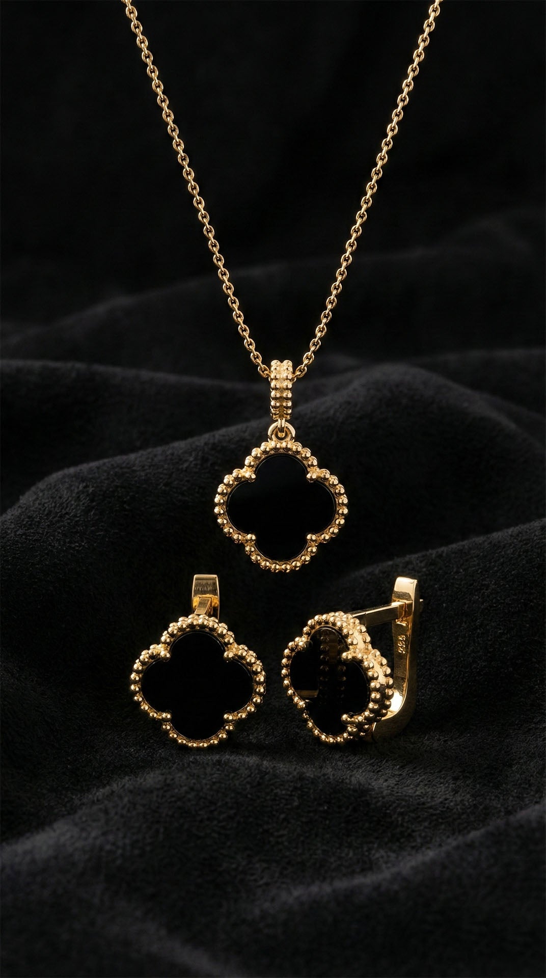 Gold Onyx Clover Necklace & Earrings Set | 925 Silver
