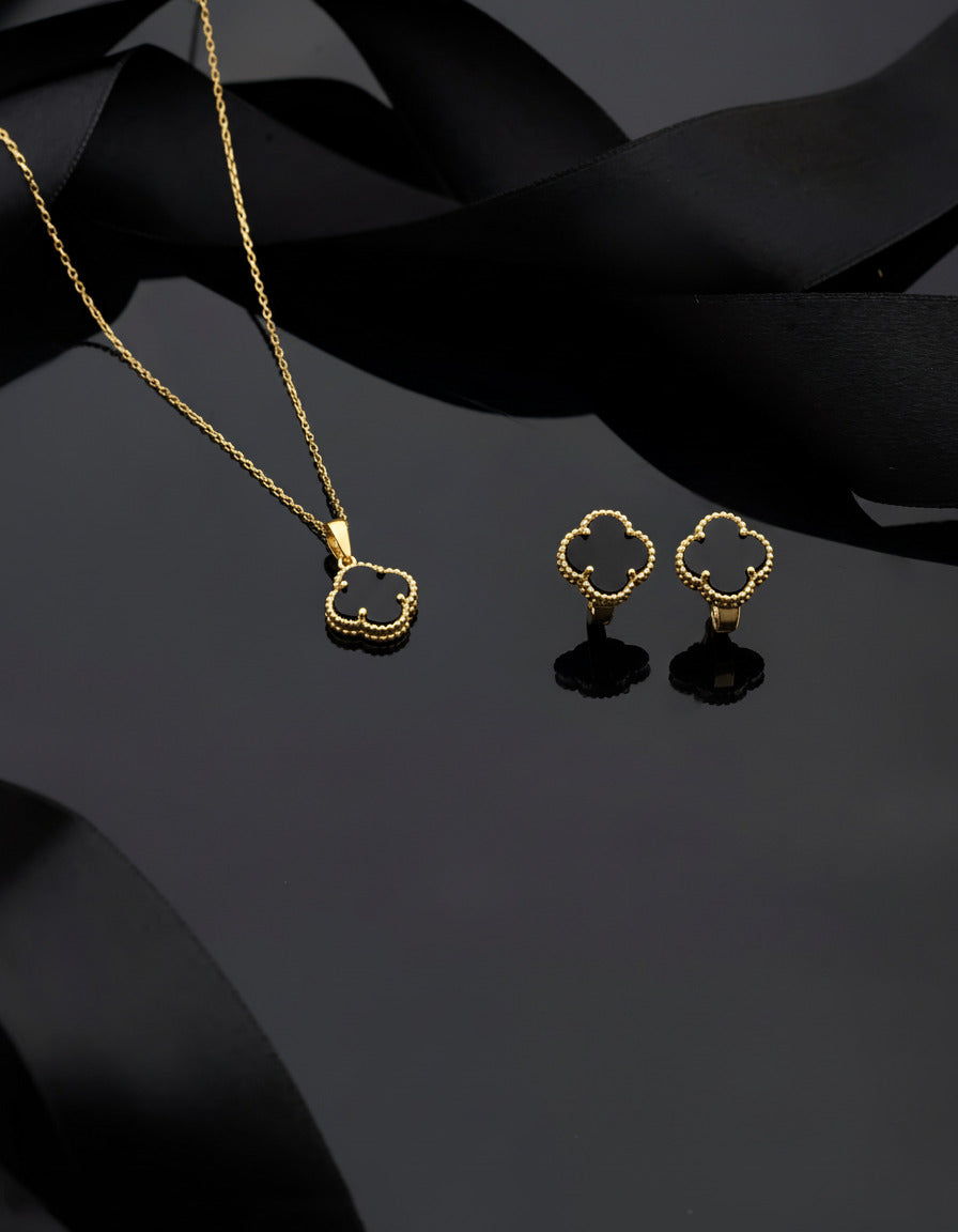 Gold Onyx Clover Necklace & Earrings Set | 925 Silver