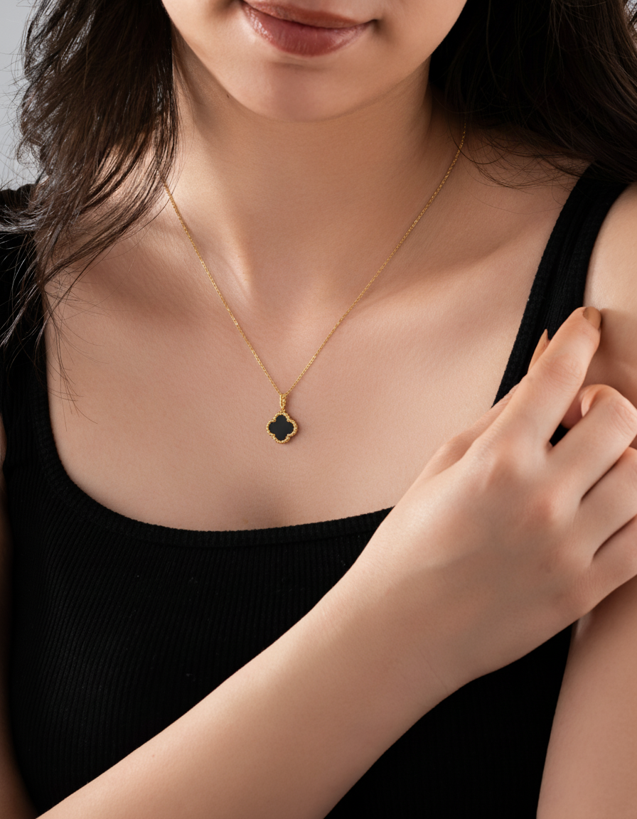 Onyx Clover Necklace Gold Plated Silver
