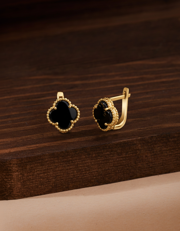 925 Ayar Oniks Taşlı Gold Yonca Gümüş Küpe