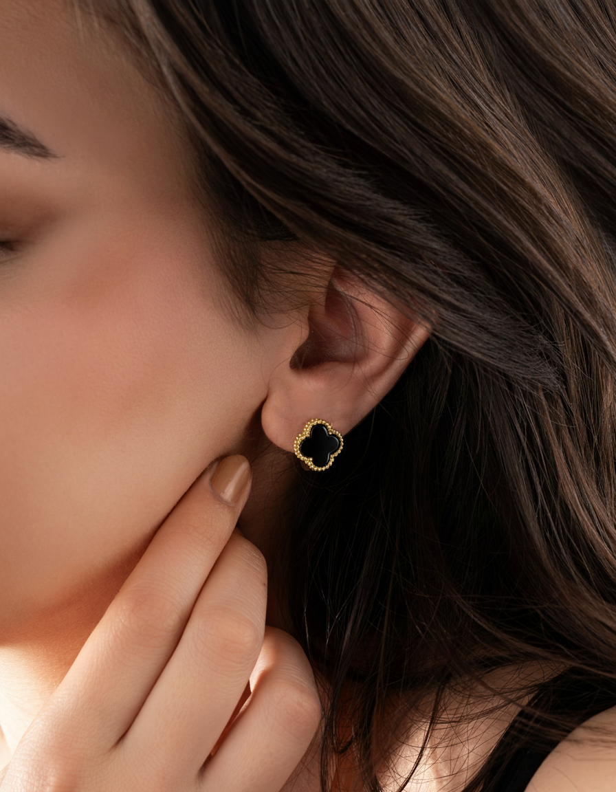 Onyx Clover Earrings Gold Plated Silver