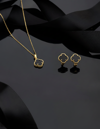 925 Sterling Silver Gold Clover Necklace and Earrings Set with Onyx Stone