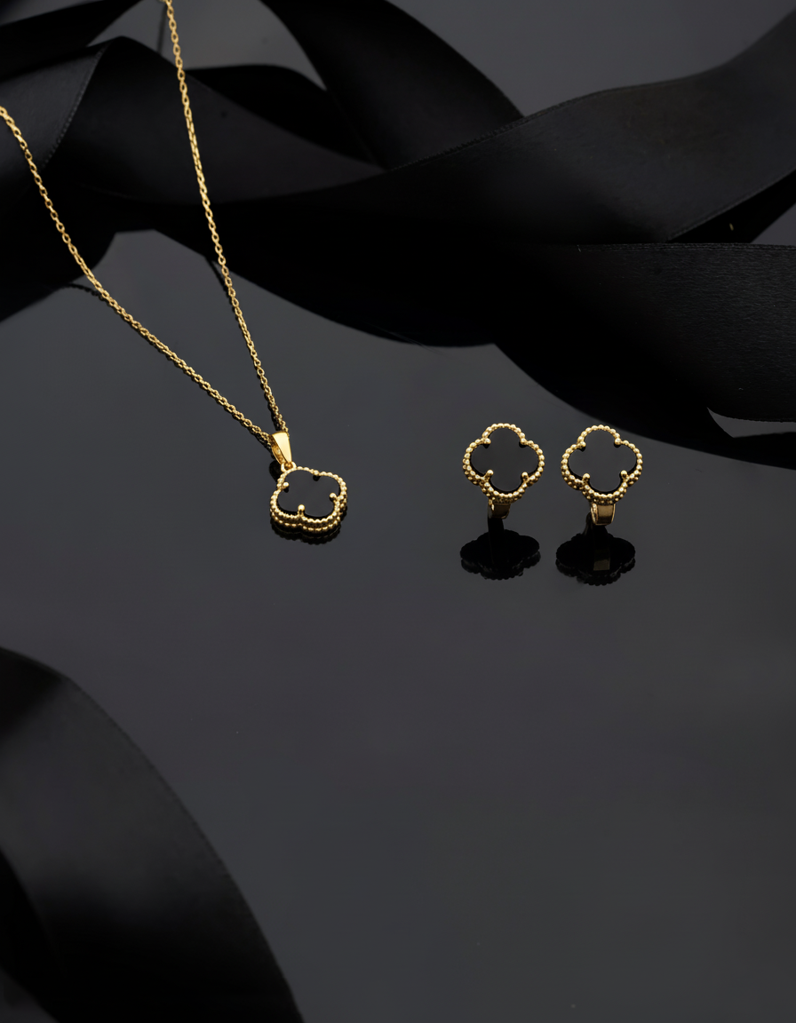 925 Sterling Silver Gold Clover Necklace and Earrings Set with Onyx Stone