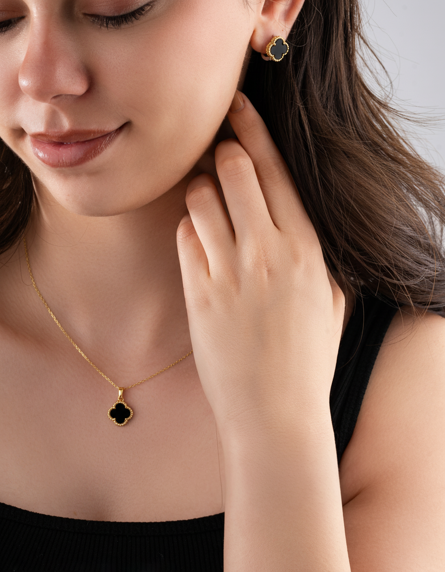 Onyx Clover Set Gold Plated Silver