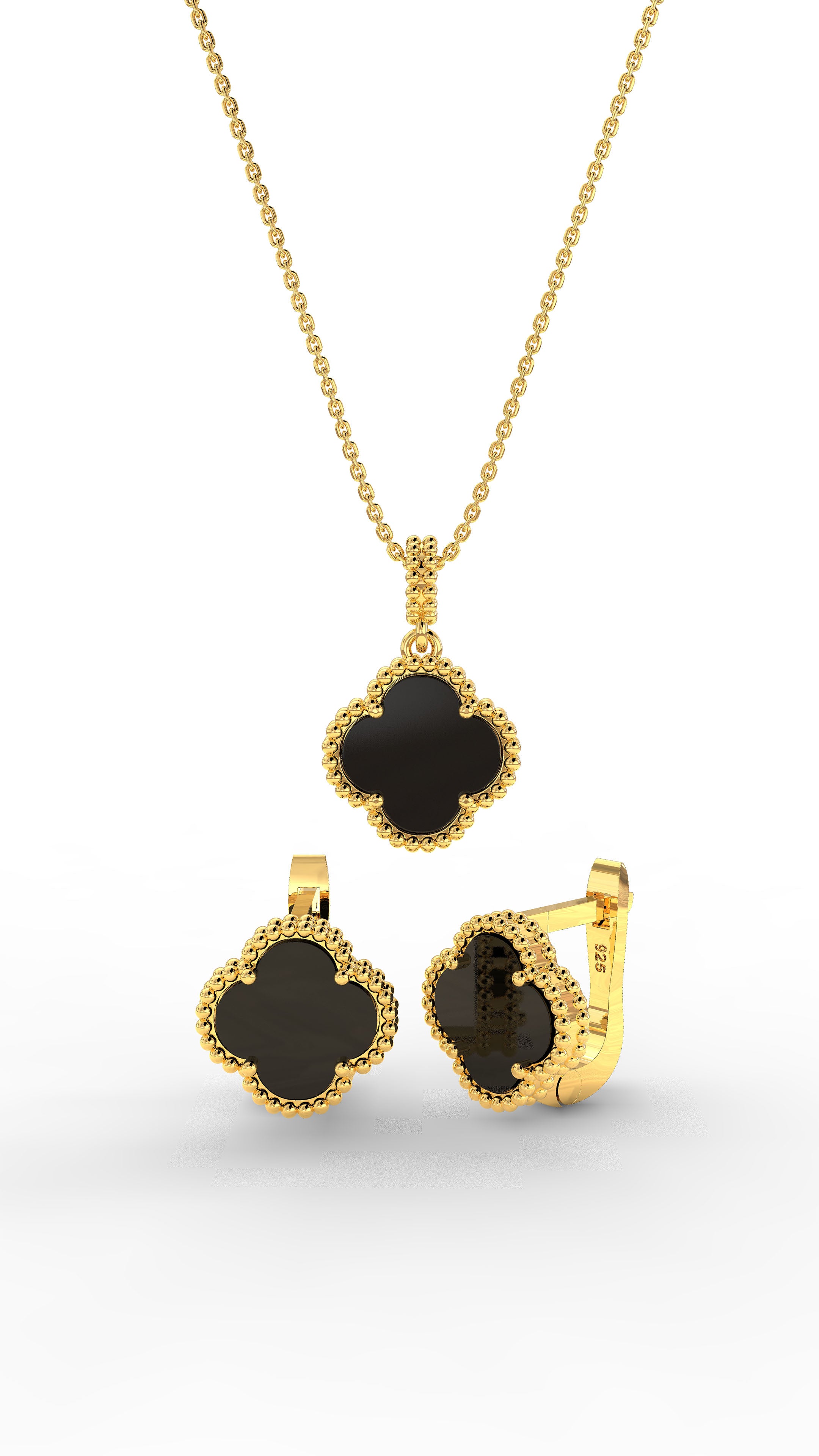Onyx Clover Set Gold Plated Silver