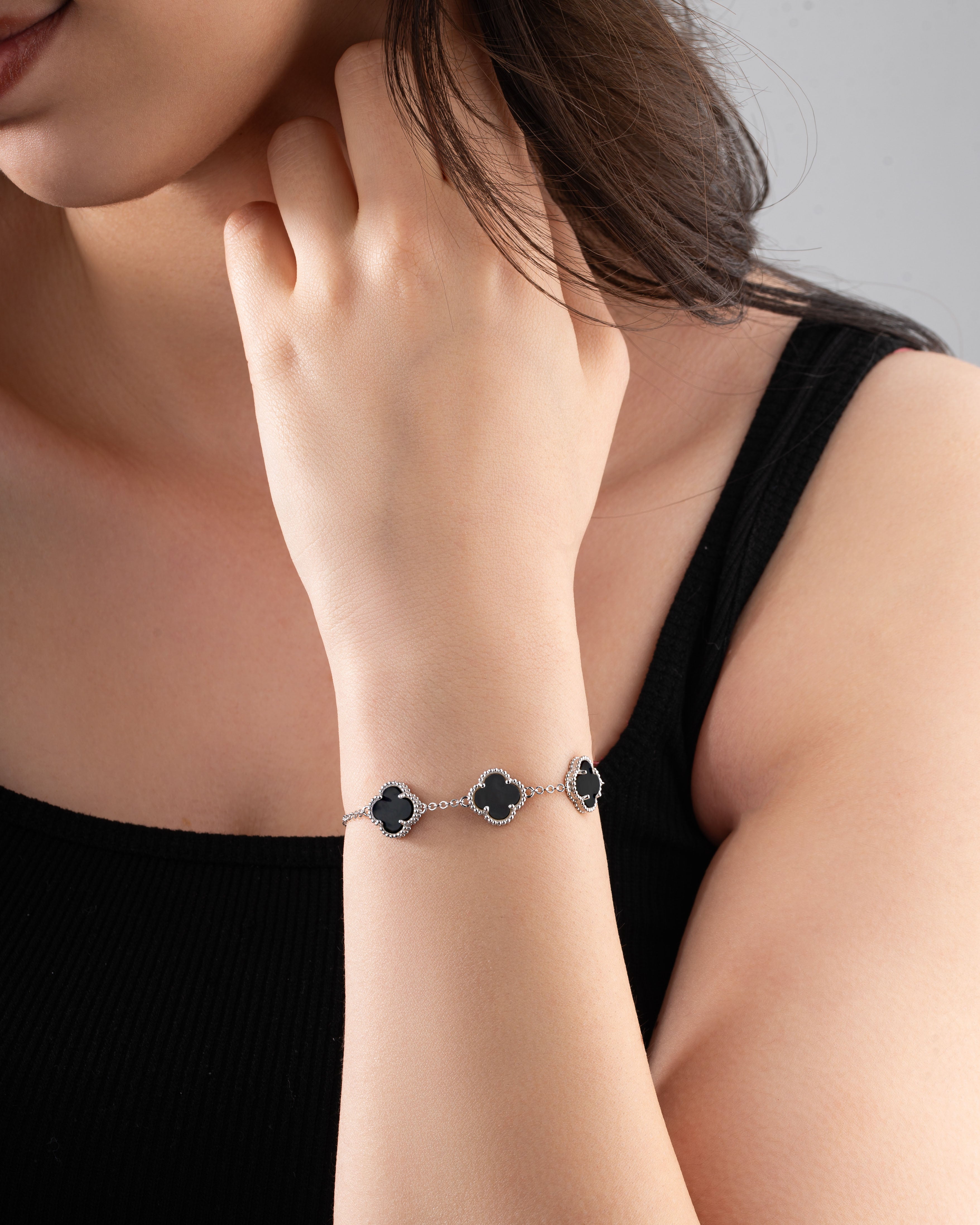 Onyx Trio Clover Bracelet Rhodium Plated Silver