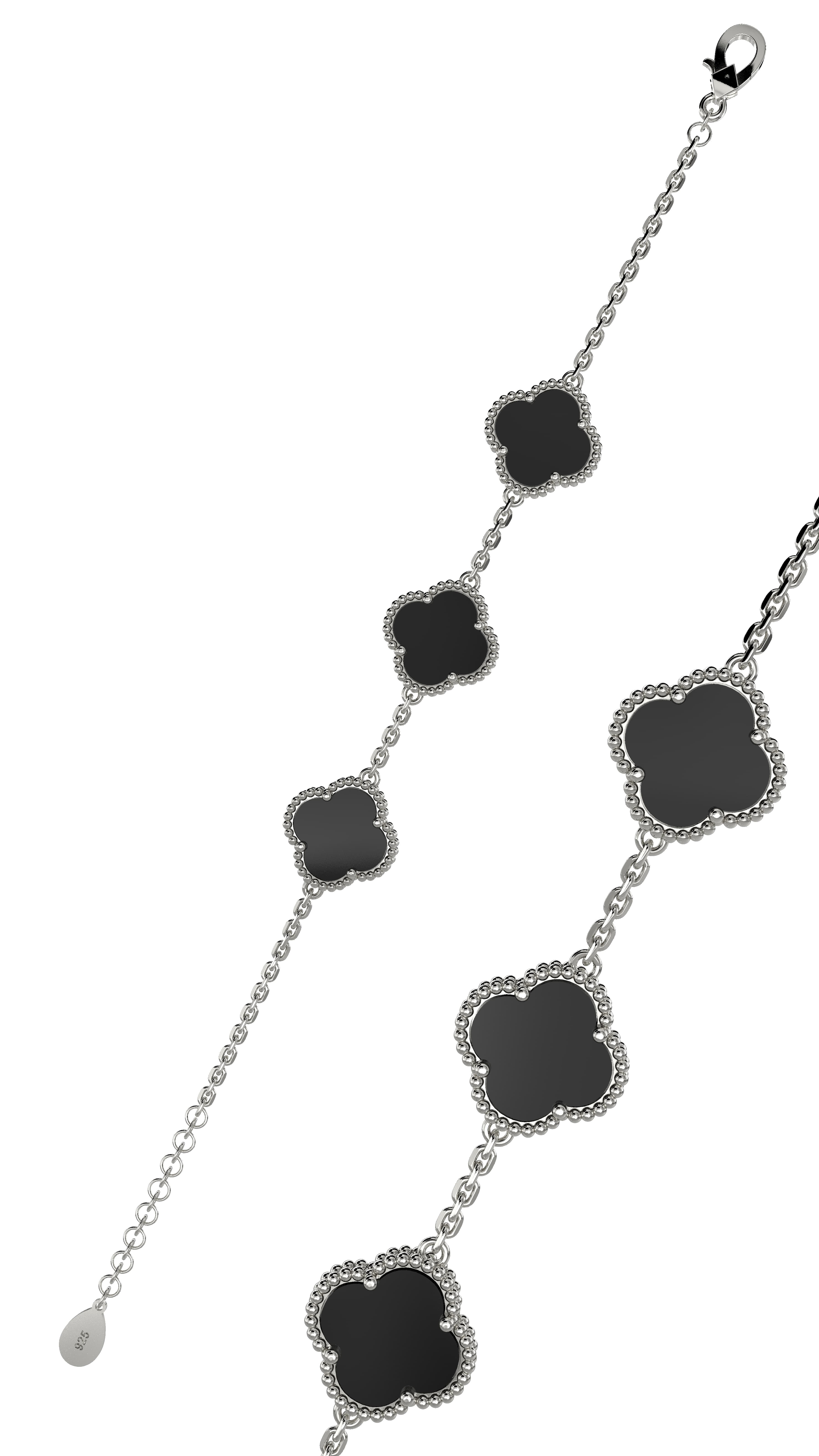 Onyx Trio Clover Bracelet Rhodium Plated Silver