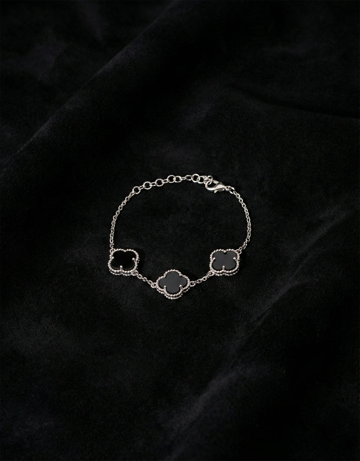 Rhodium Black Onyx Triple Clover Bracelet in 925 sterling silver