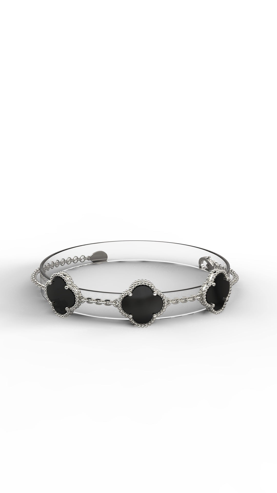 Rhodium Black Onyx Triple Clover Bracelet in 925 sterling silver - view 4