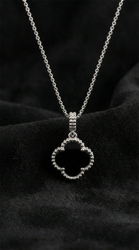Rhodium Black Onyx Clover Pendant Necklace | 925 Silver