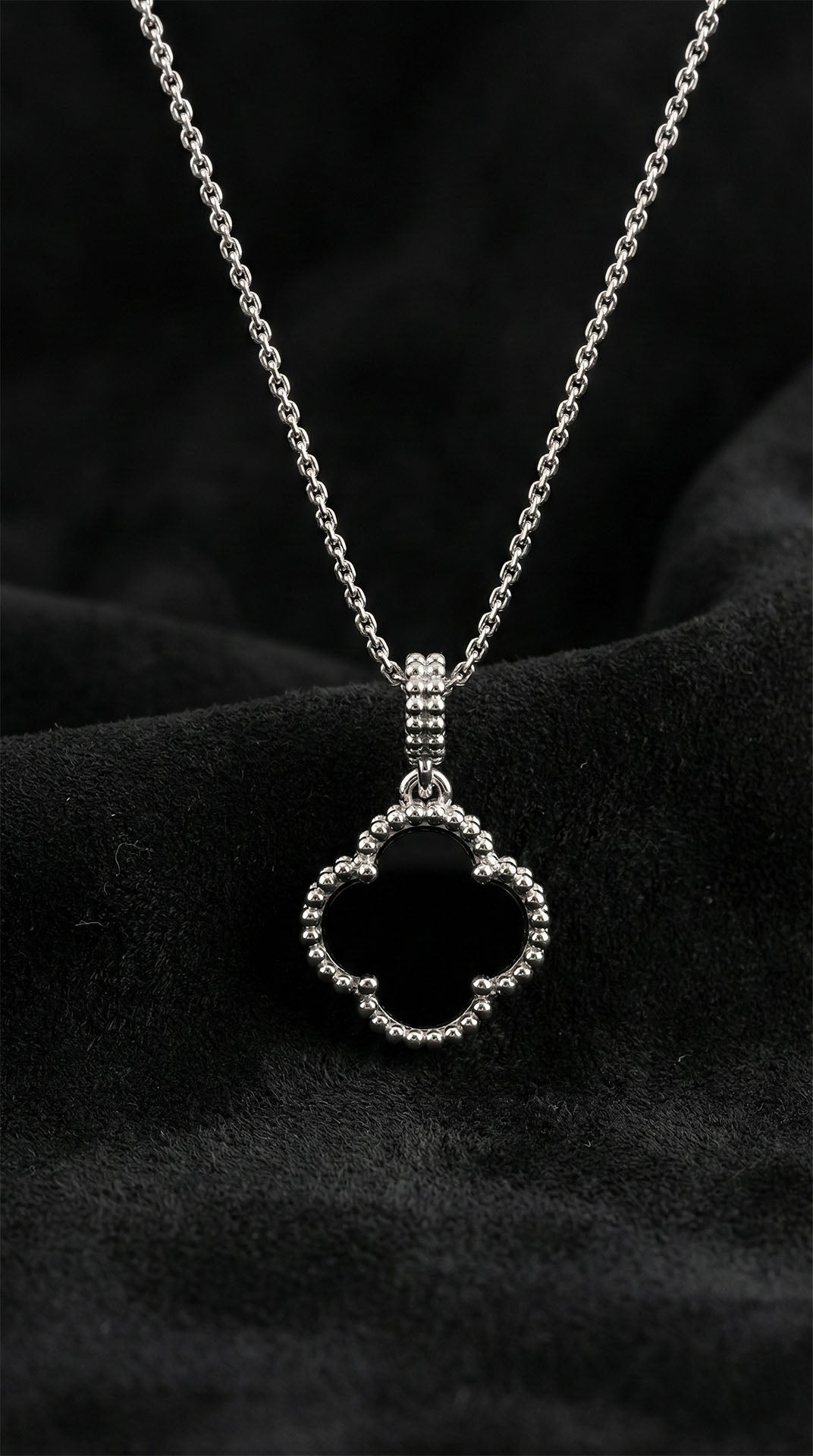 Rhodium Black Onyx Clover Pendant Necklace in 925 sterling silver
