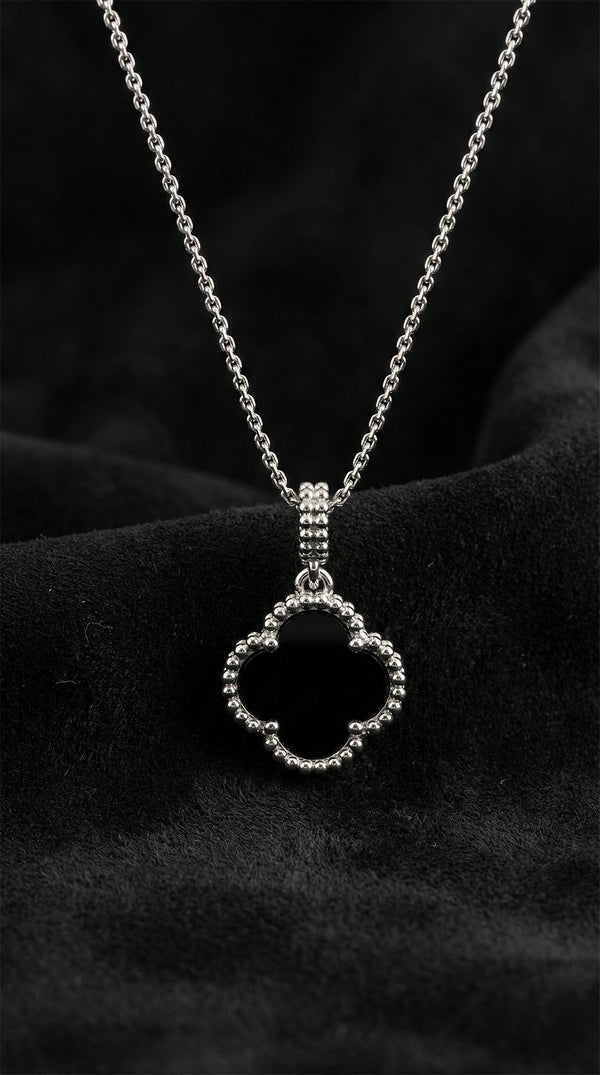 Rhodium Black Onyx Clover Pendant Necklace | 925 Silver