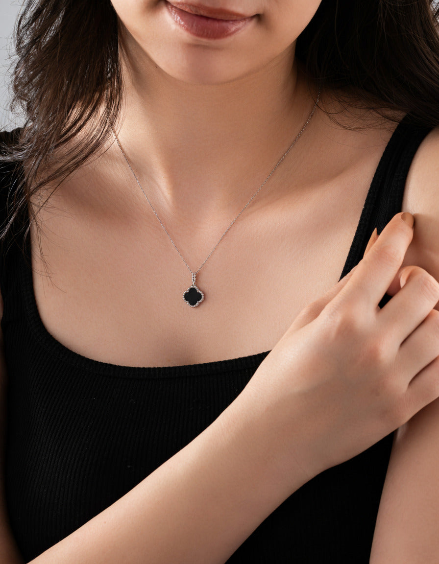 Rhodium Black Onyx Clover Pendant Necklace | 925 Silver