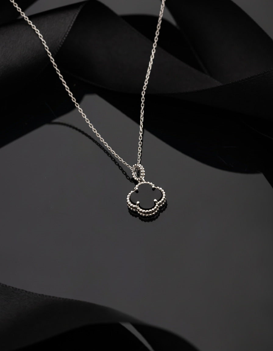 Rhodium Black Onyx Clover Pendant Necklace | 925 Silver