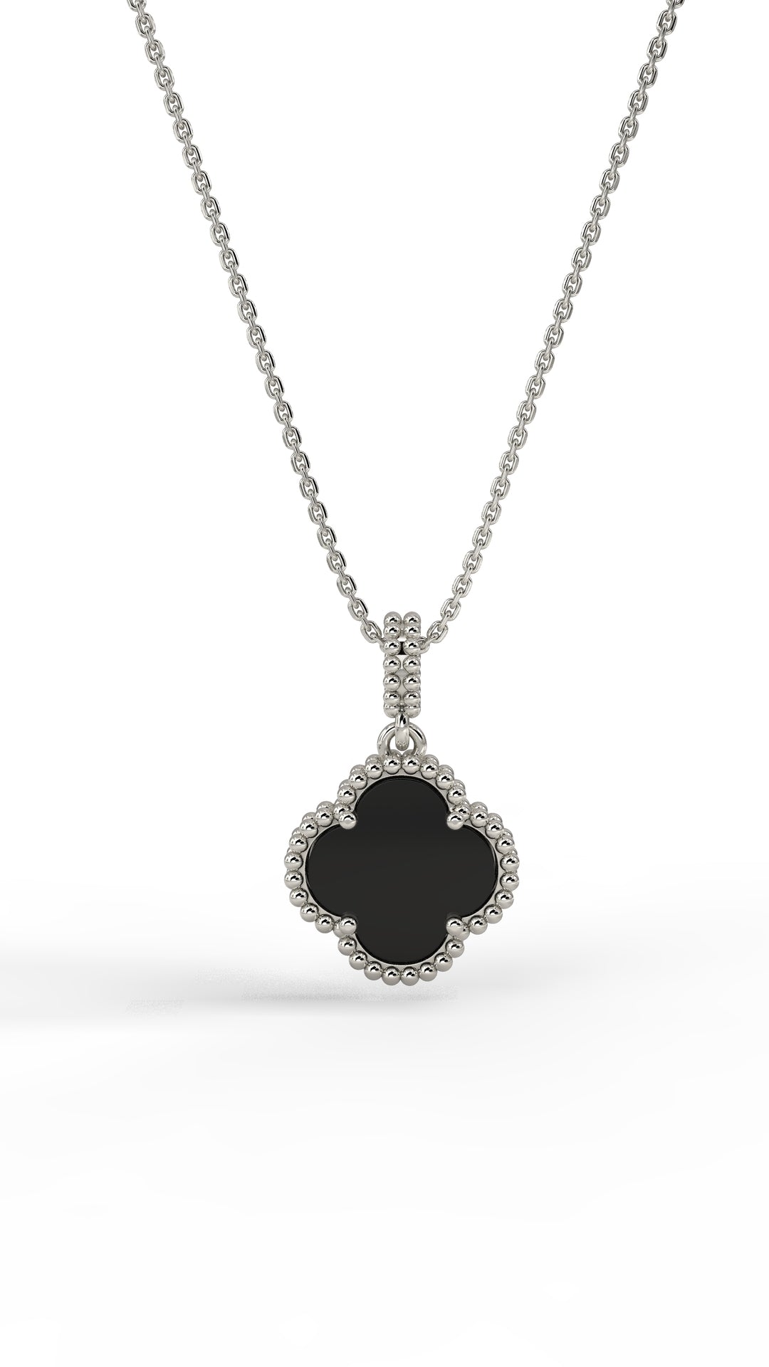 Rhodium Black Onyx Clover Pendant Necklace | 925 Silver