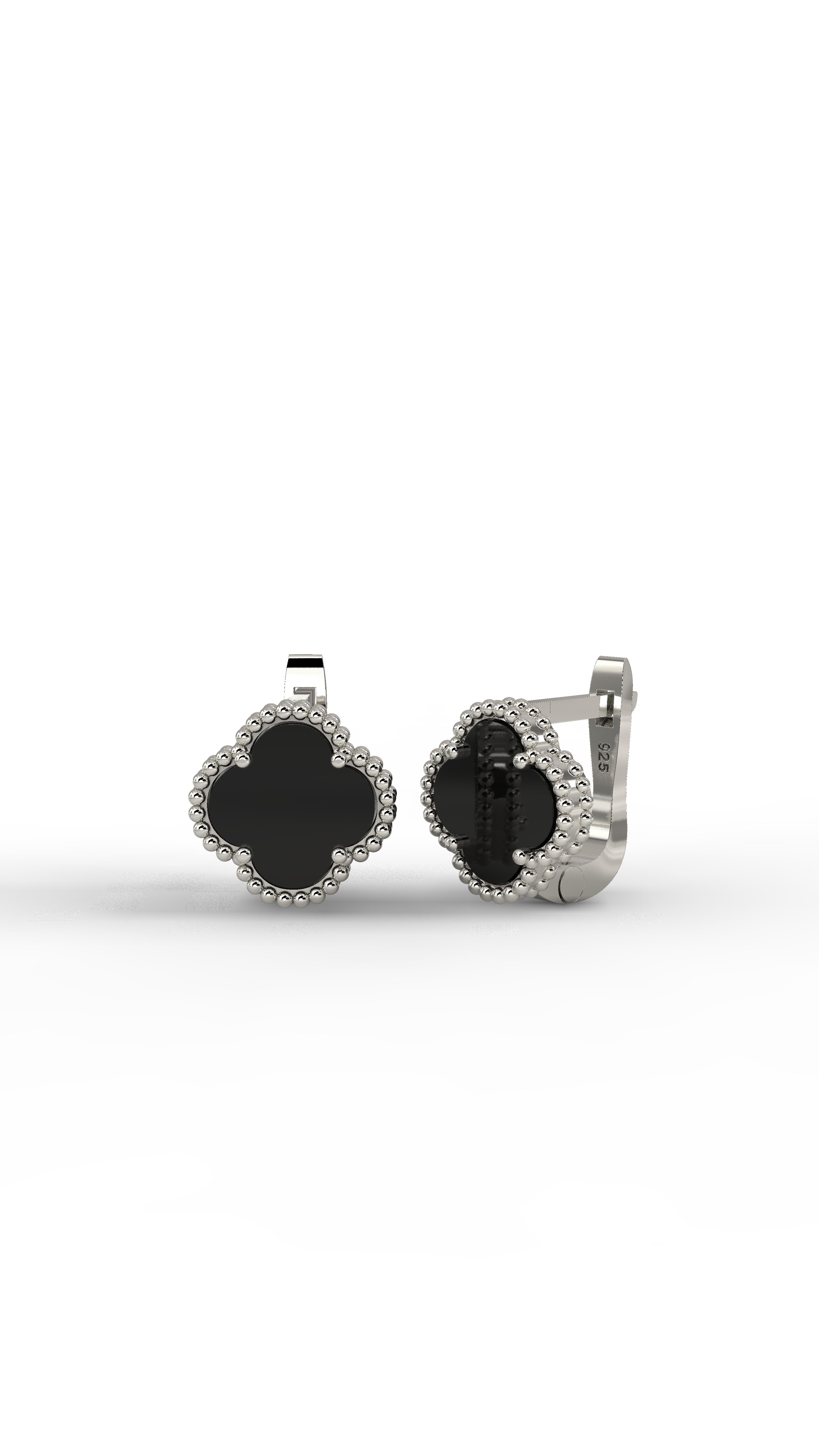 925 Sterling Silver Onyx Rhodium-Plated Van Cleef Clover Earrings
