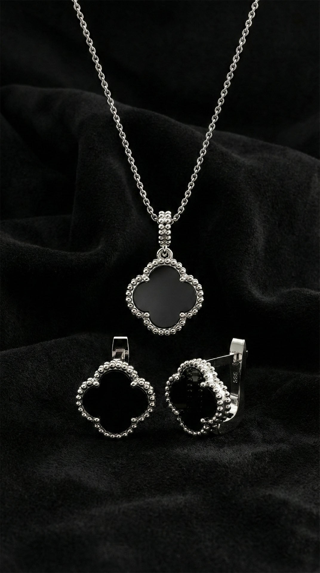 Onyx Clover Necklace & Earrings Jewelry Set in 925 sterling silver