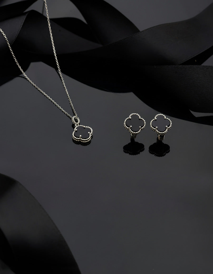 Onyx Clover Necklace & Earrings Jewelry Set in 925 sterling silver - view 3