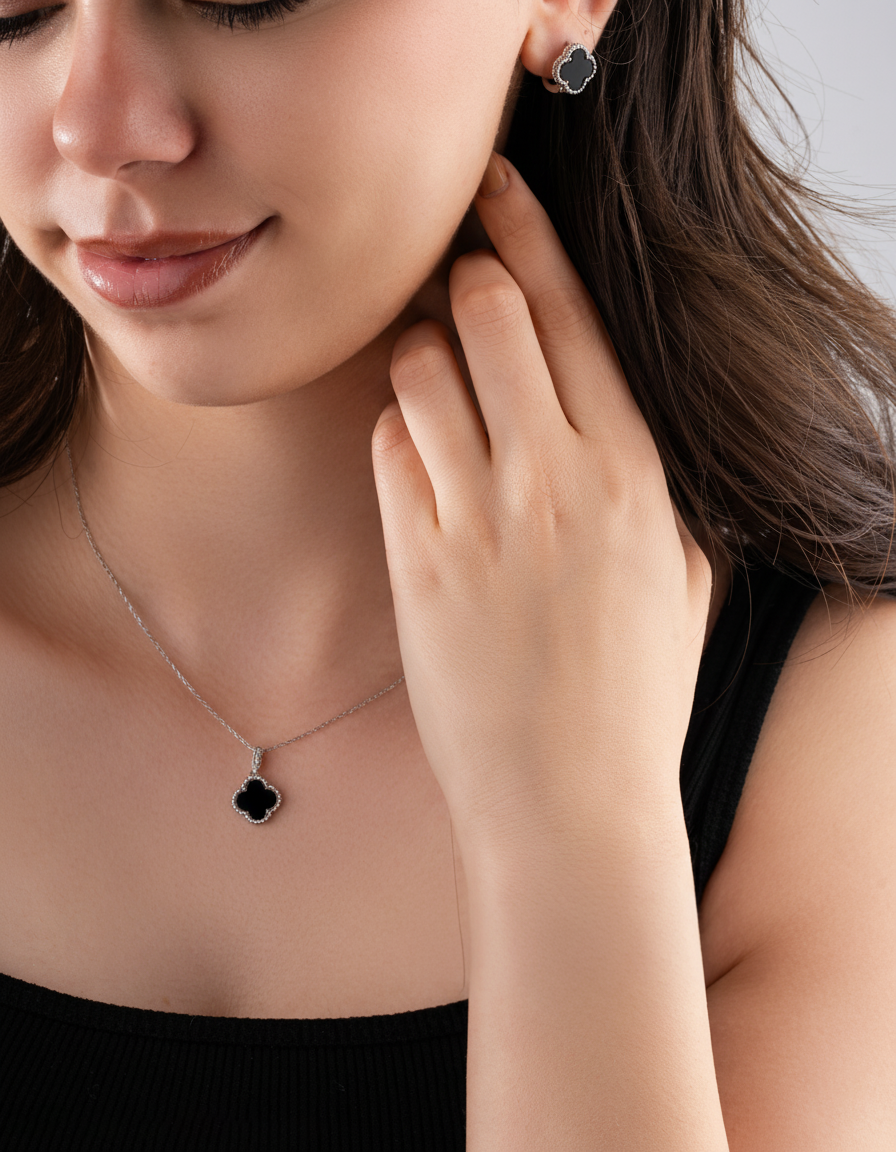 Onyx Clover Set Rhodium Plated Silver
