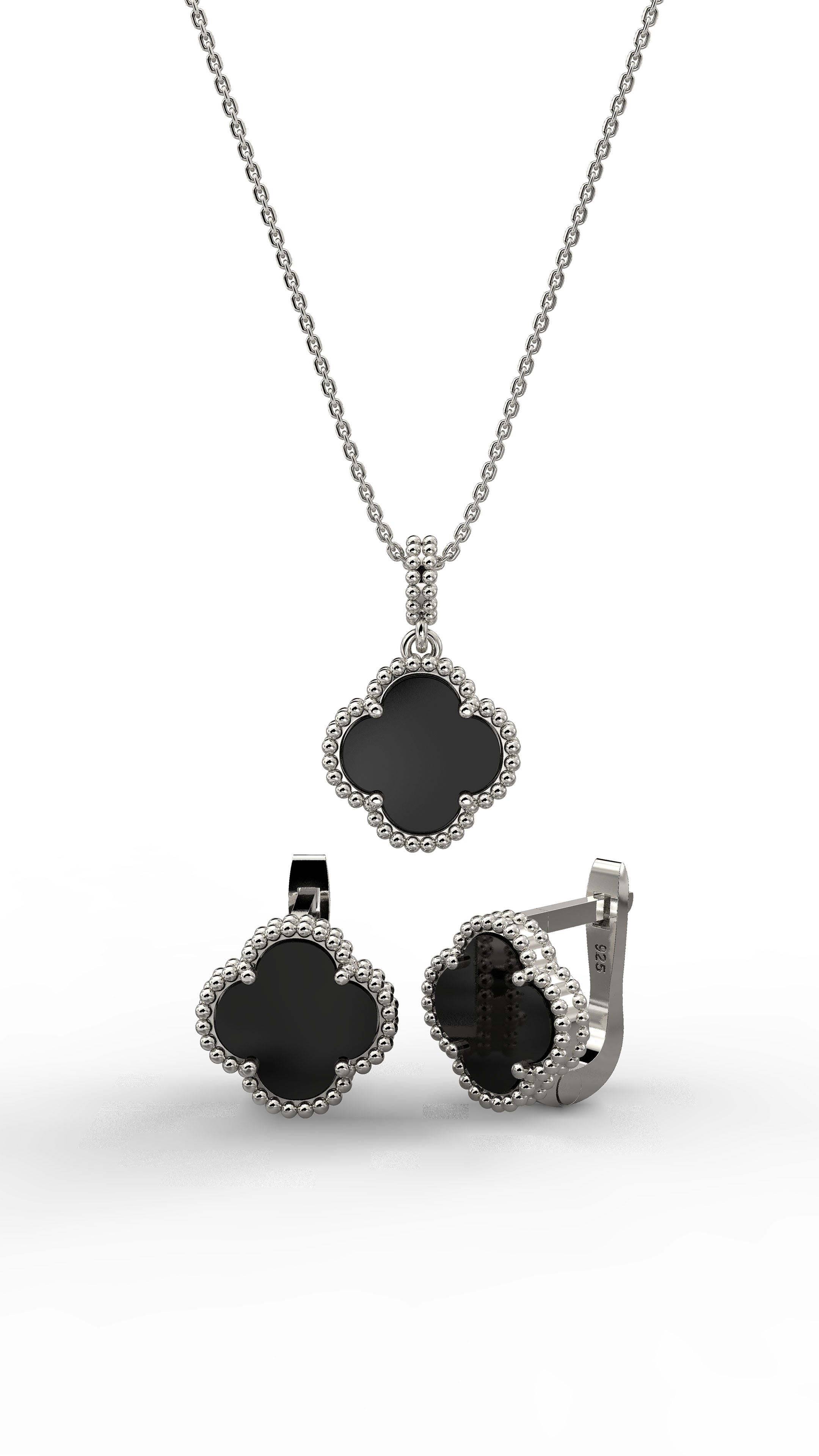 Onyx Clover Set Rhodium Plated Silver