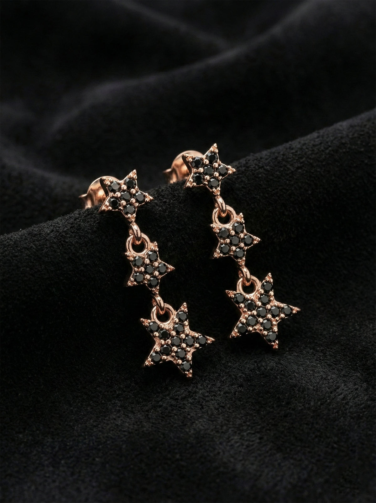 Rose Gold Black Onyx Three-Tier Star Studs in 925 sterling silver
