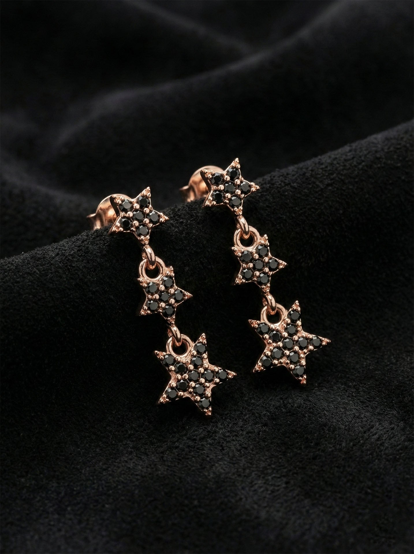 925 Sterling Silver Rose Three-Row Star Stud Onyx Earrings