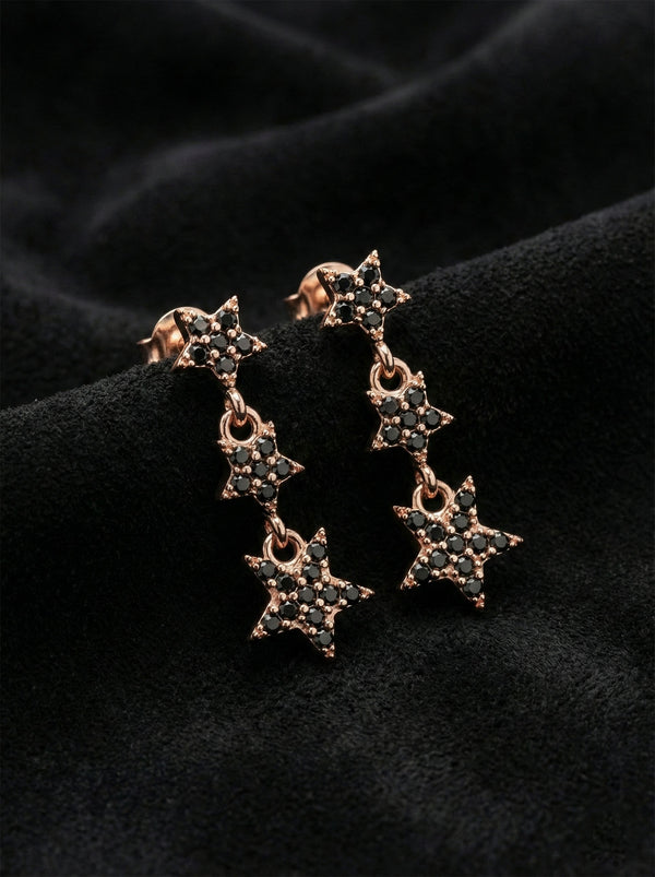 925 Sterling Silver Rose Three-Row Star Stud Onyx Earrings