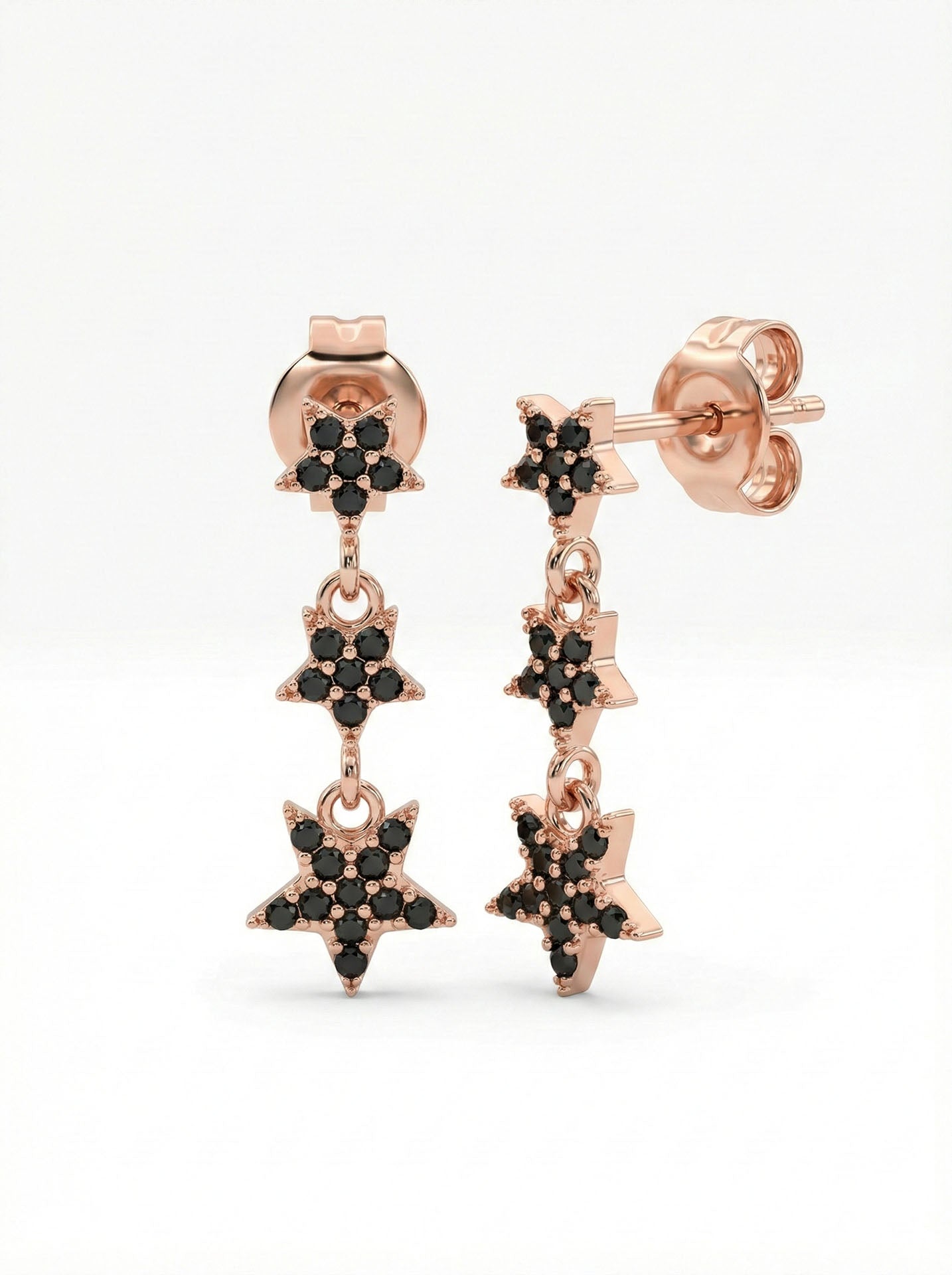 Onyx Triple-Row Star Stud Earrings Rose Gold Plated Silver