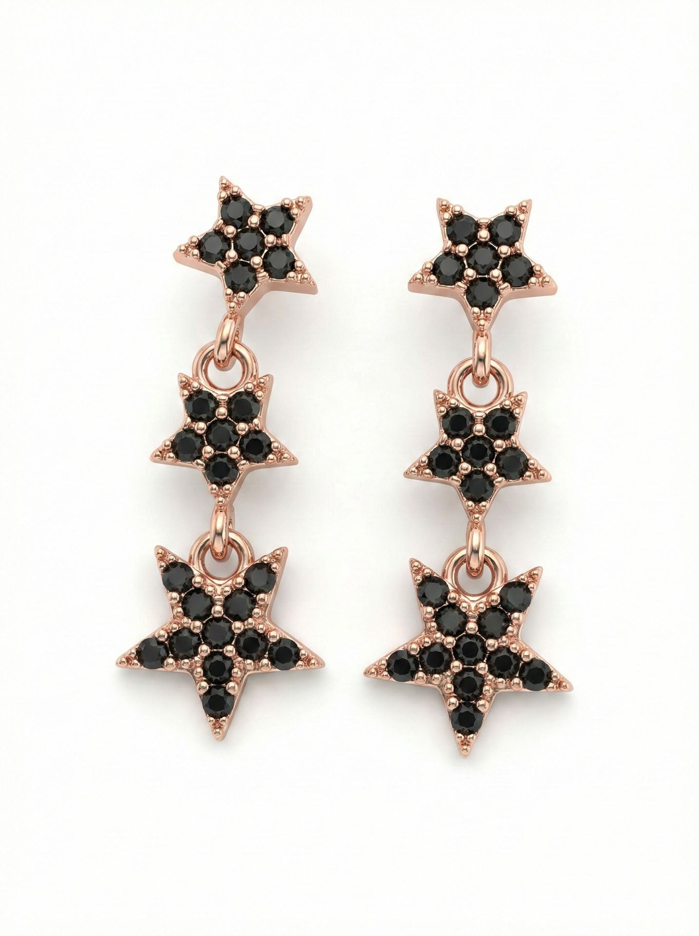 Onyx Triple-Row Star Stud Earrings Rose Gold Plated Silver