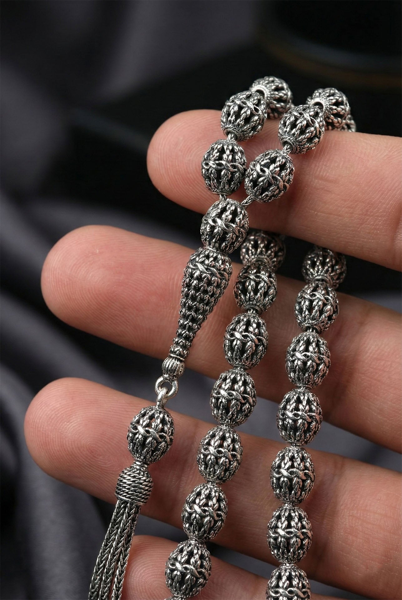 Oval Cut Drop Tassel Braided Embroidered-Style Traditional Prayer Beads Silver