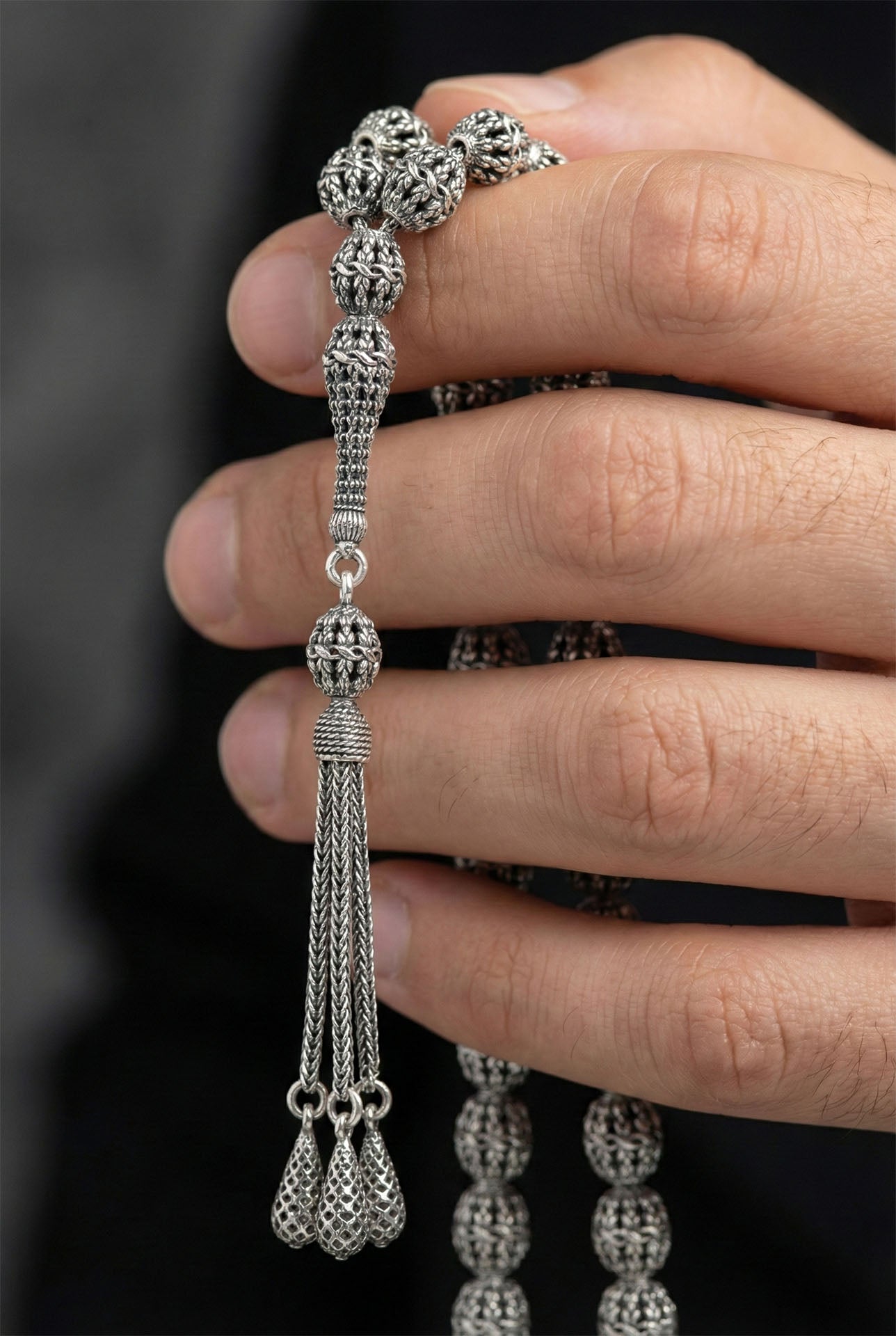 Oval Cut Drop Tassel Braided Embroidered-Style Traditional Prayer Beads Silver