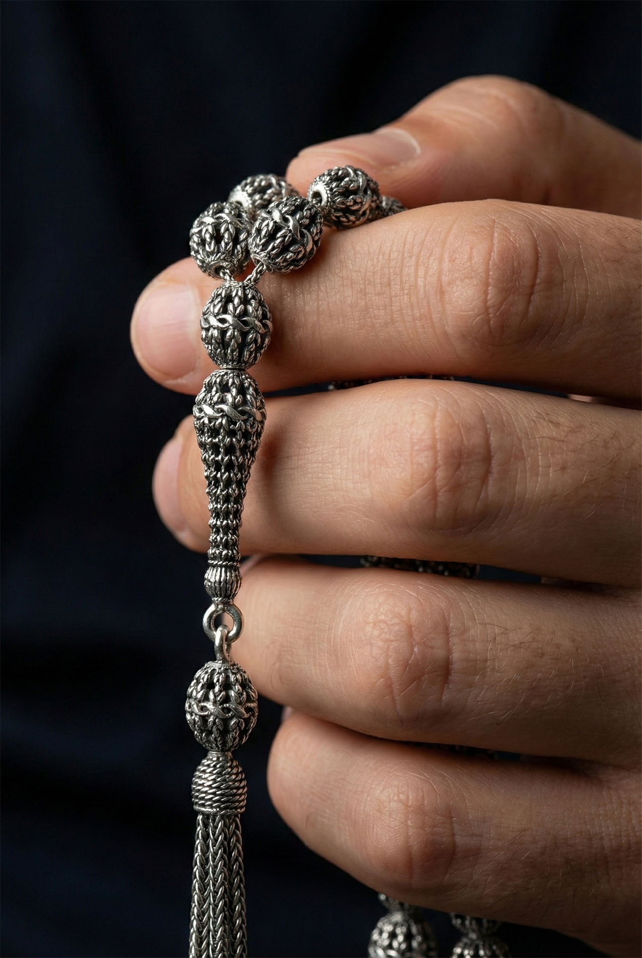 Oval Cut Drop Tassel Braided Embroidered-Style Traditional Prayer Beads Silver
