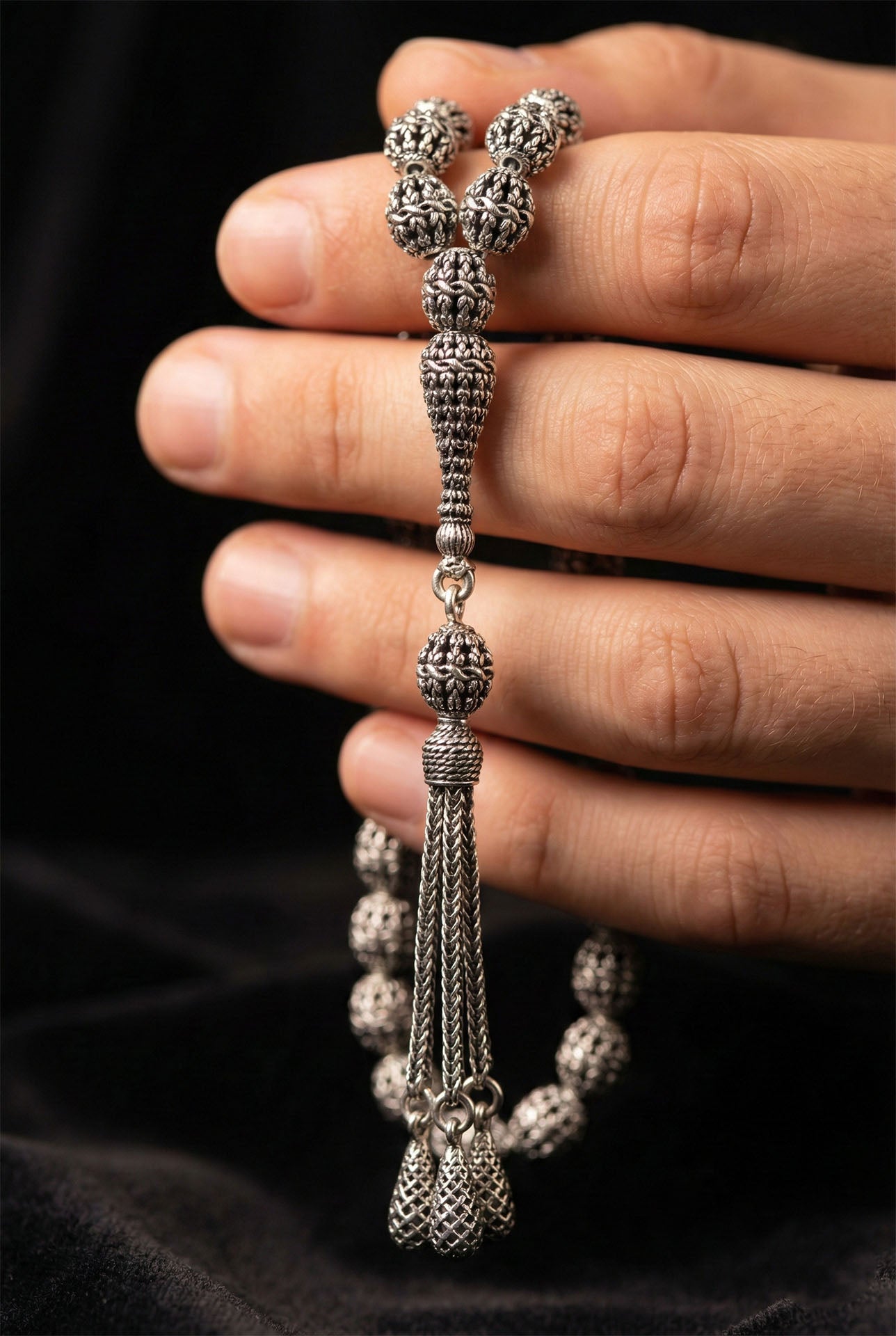 Oval Cut Drop Tassel Braided Embroidered-Style Traditional Prayer Beads Silver