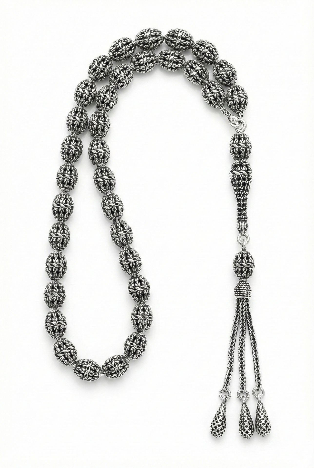 Oval Cut Drop Tassel Braided Embroidered-Style Traditional Prayer Beads Silver