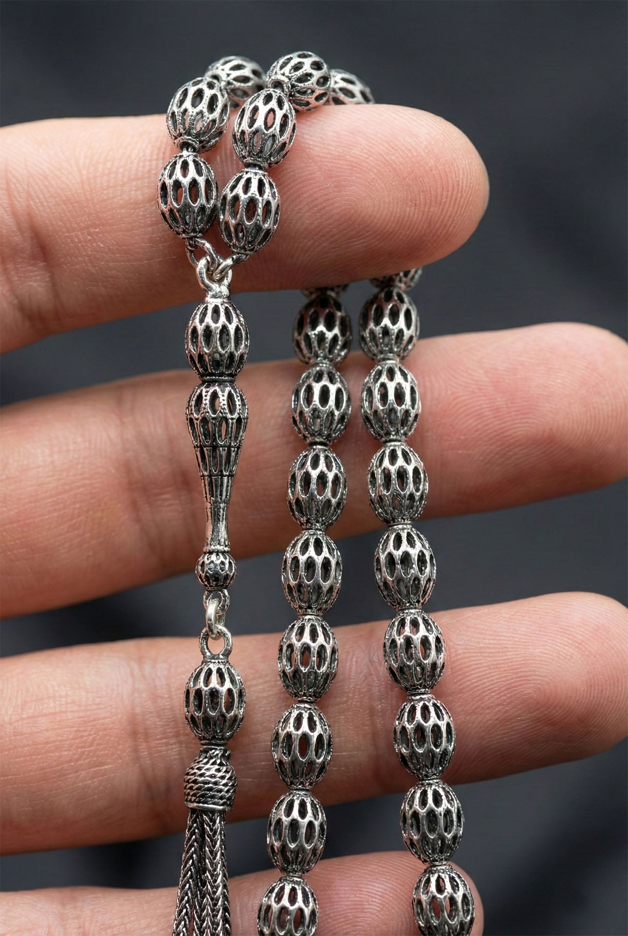 Oval Cut Carrot-Cut Tassel Cage Embroidered-Style Traditional Prayer Beads Silver