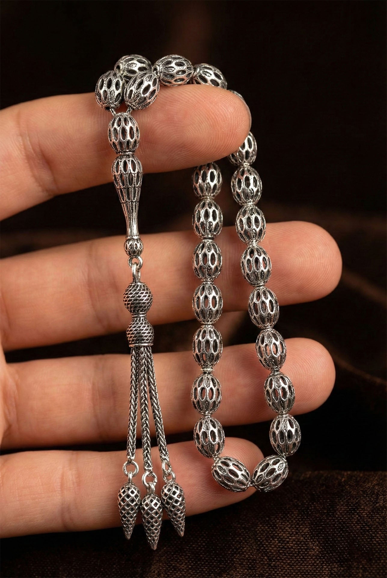 Oval Cut Carrot-Cut Tassel Cage Embroidered-Style Traditional Prayer Beads Silver
