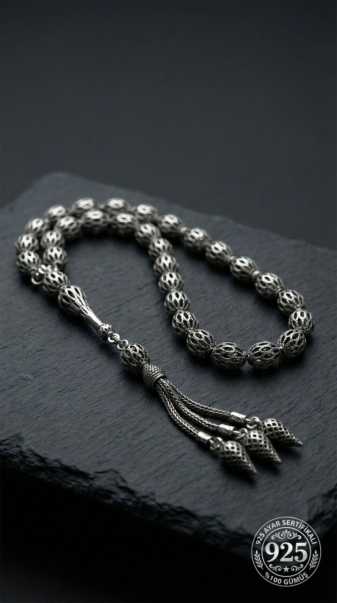 Oval Cut Carrot-Cut Tassel Cage Embroidered-Style Traditional Prayer Beads Silver