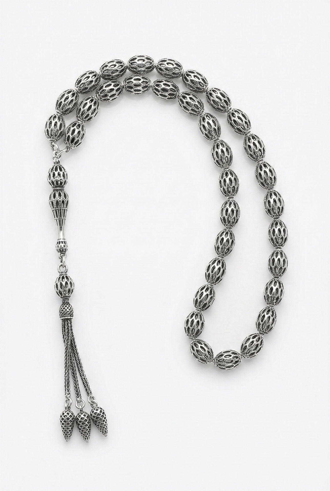 Oval Cut Carrot-Cut Tassel Cage Embroidered-Style Traditional Prayer Beads Silver
