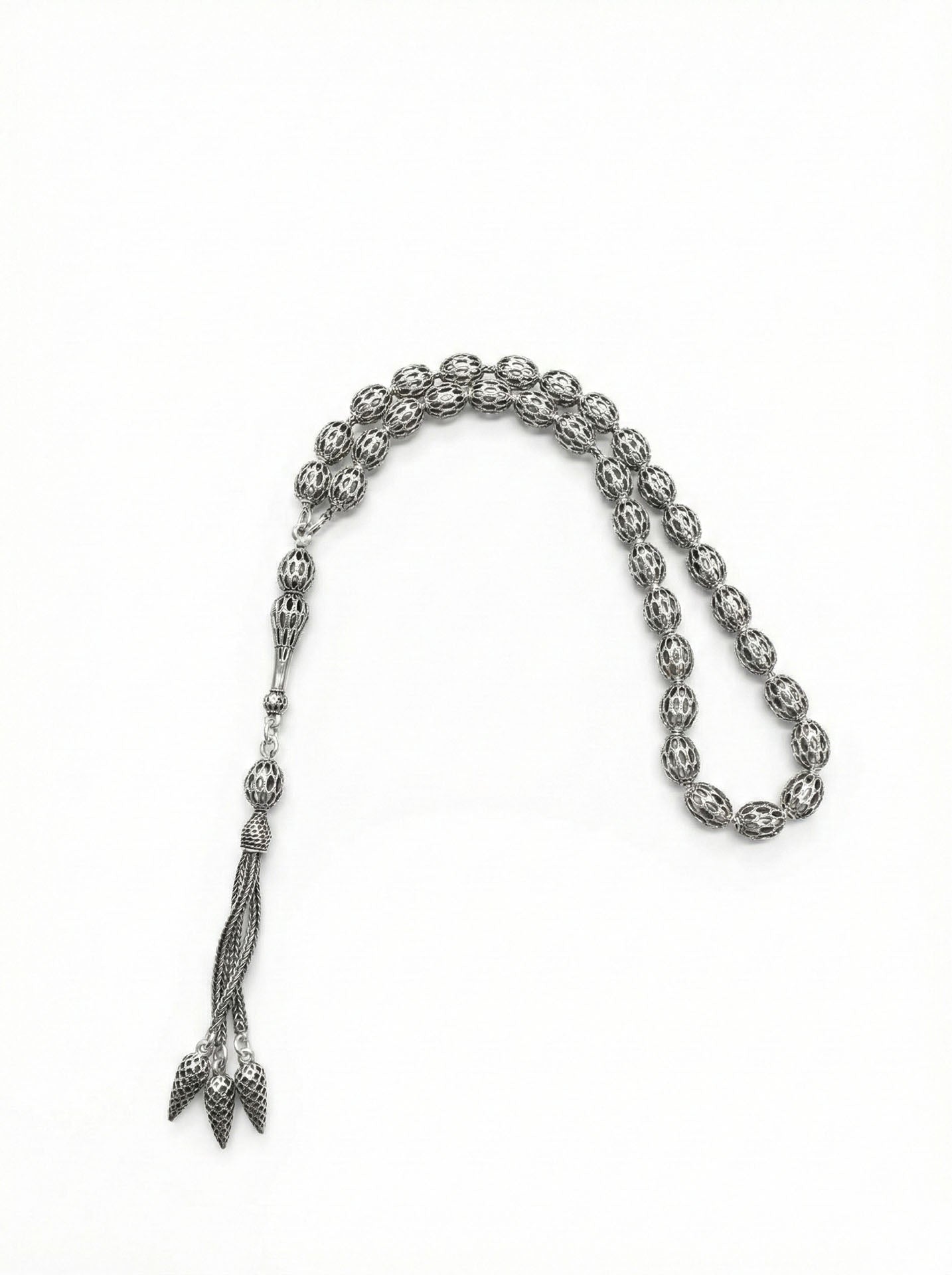 Oval Cut Carrot-Cut Tassel Cage Embroidered-Style Traditional Prayer Beads Silver