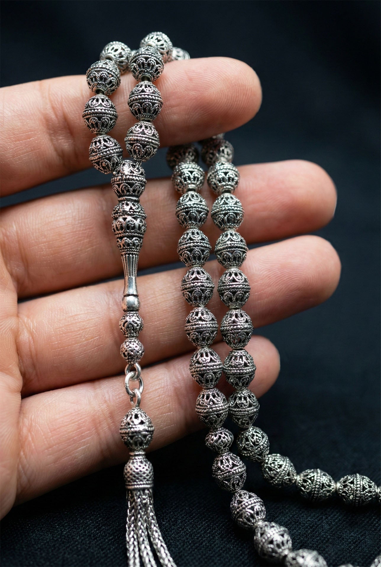 Oval Cut Carrot-Cut Tassel Tulip Embroidered-Style Traditional Prayer Beads Silver