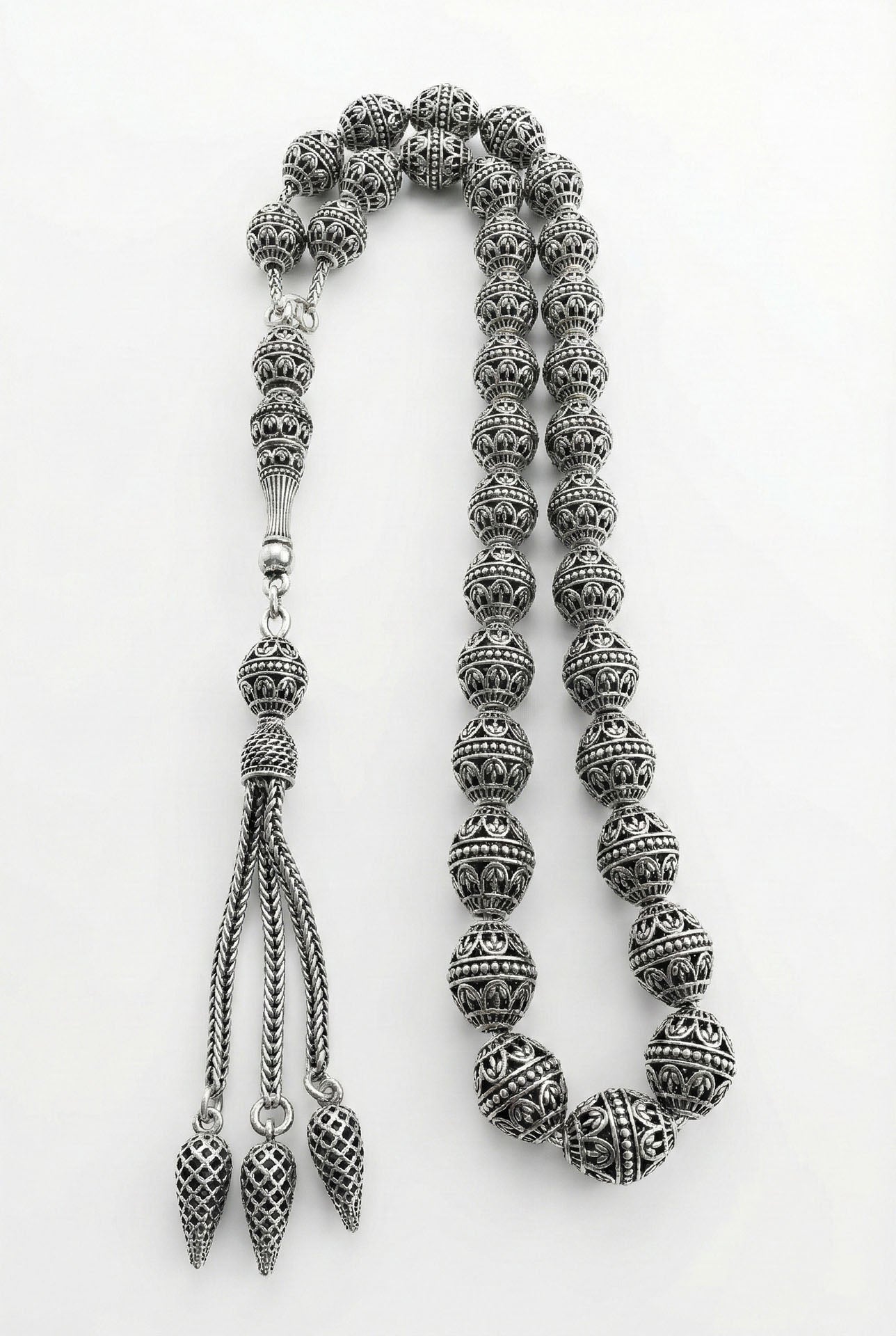 Oval Cut Carrot-Cut Tassel Tulip Embroidered-Style Traditional Prayer Beads Silver