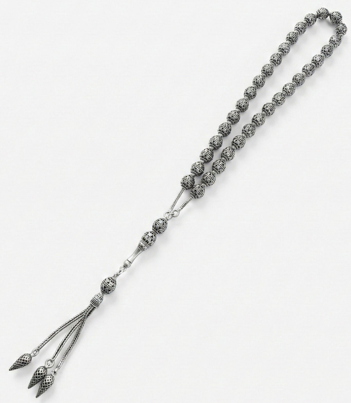 Oval Cut Carrot-Cut Tassel Tulip Embroidered-Style Traditional Prayer Beads Silver