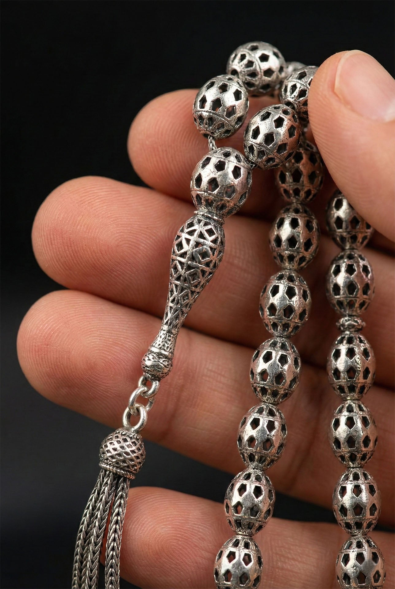 Oval Cut Tassel Pentagon Embroidered-Style Traditional Prayer Beads Silver
