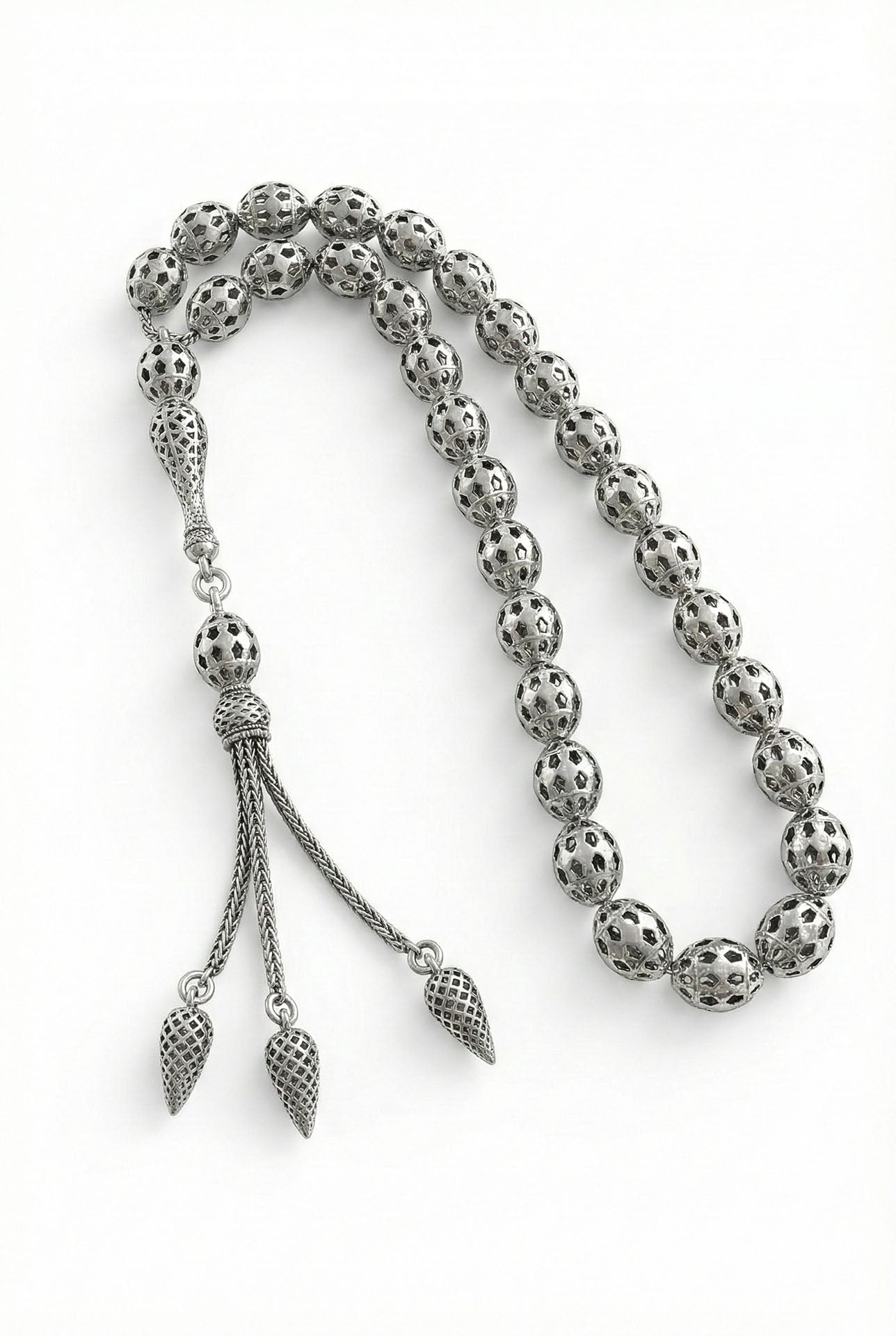Oval Cut Tassel Pentagon Embroidered-Style Traditional Prayer Beads Silver