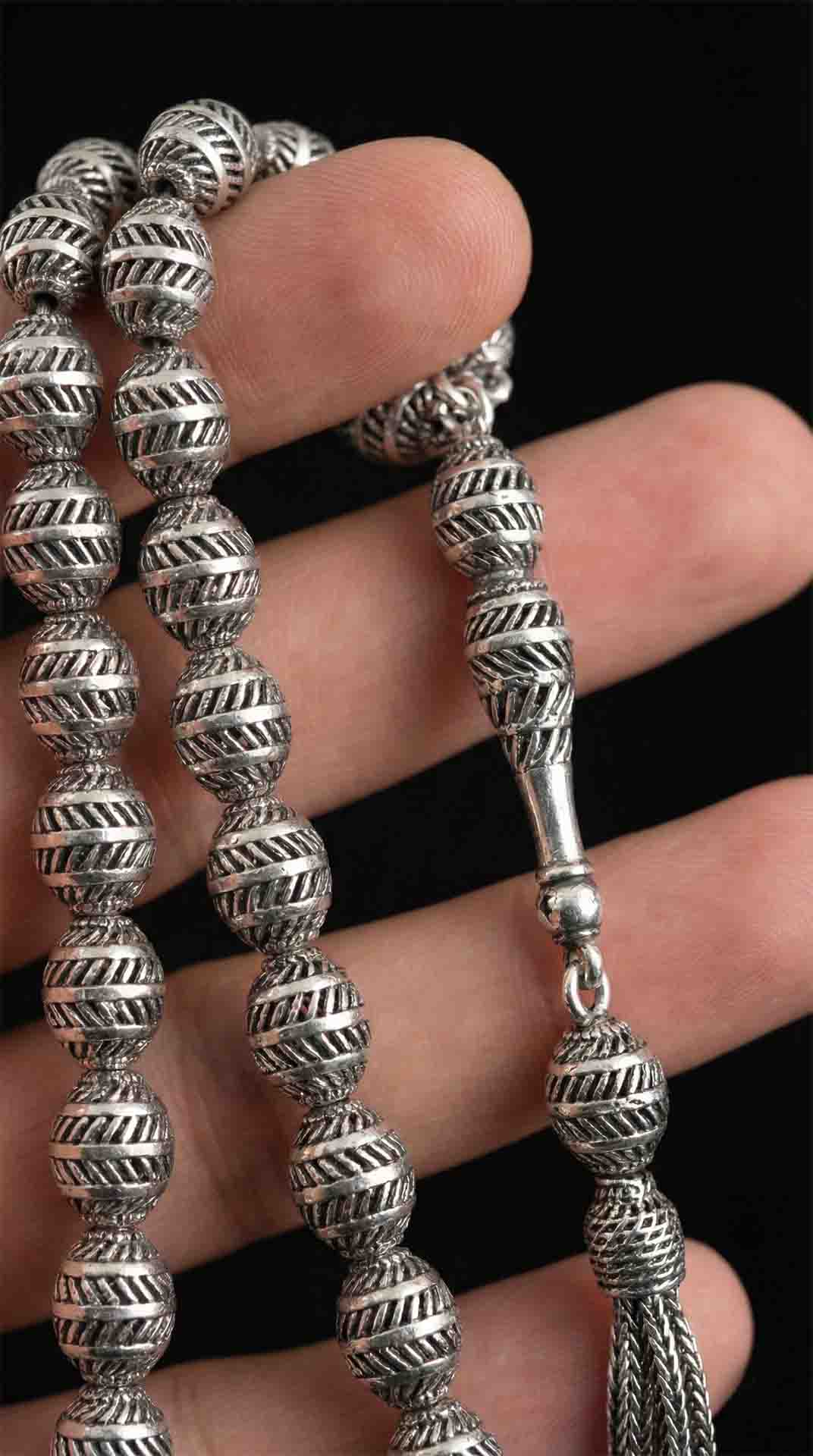 Oval Cut Tassel Line Patterned Traditional Prayer Beads Silver