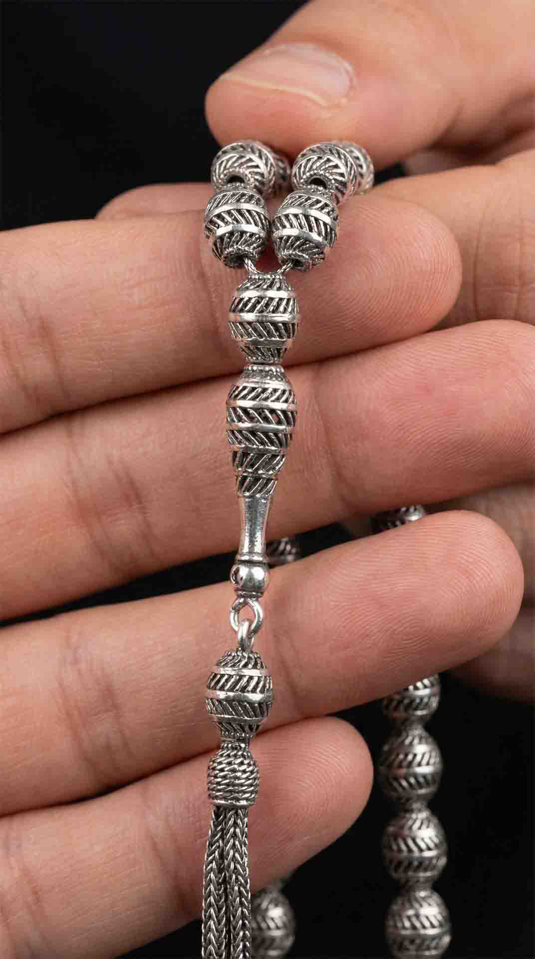 Oval Cut Tassel Line Patterned Traditional Prayer Beads Silver
