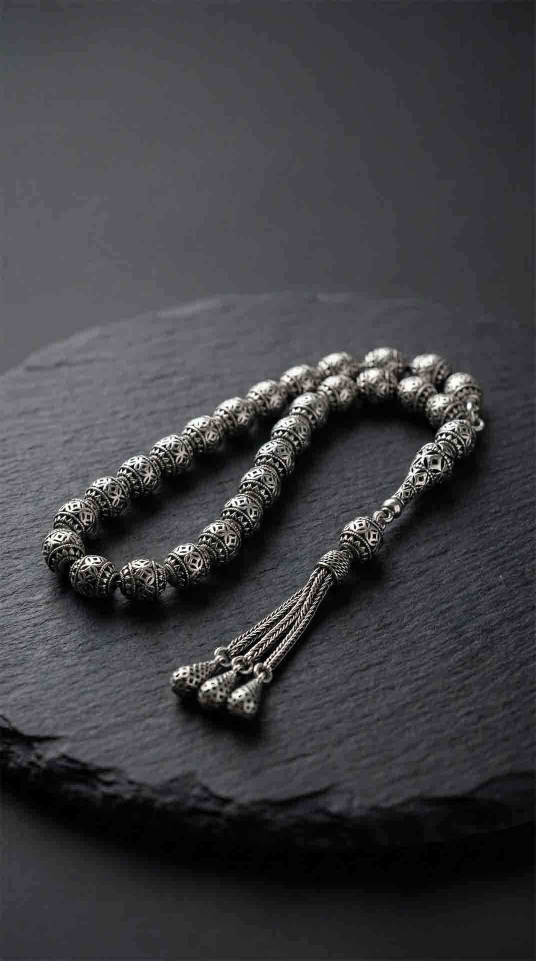 Oval Cut Tassel Line Patterned Traditional Prayer Beads Silver