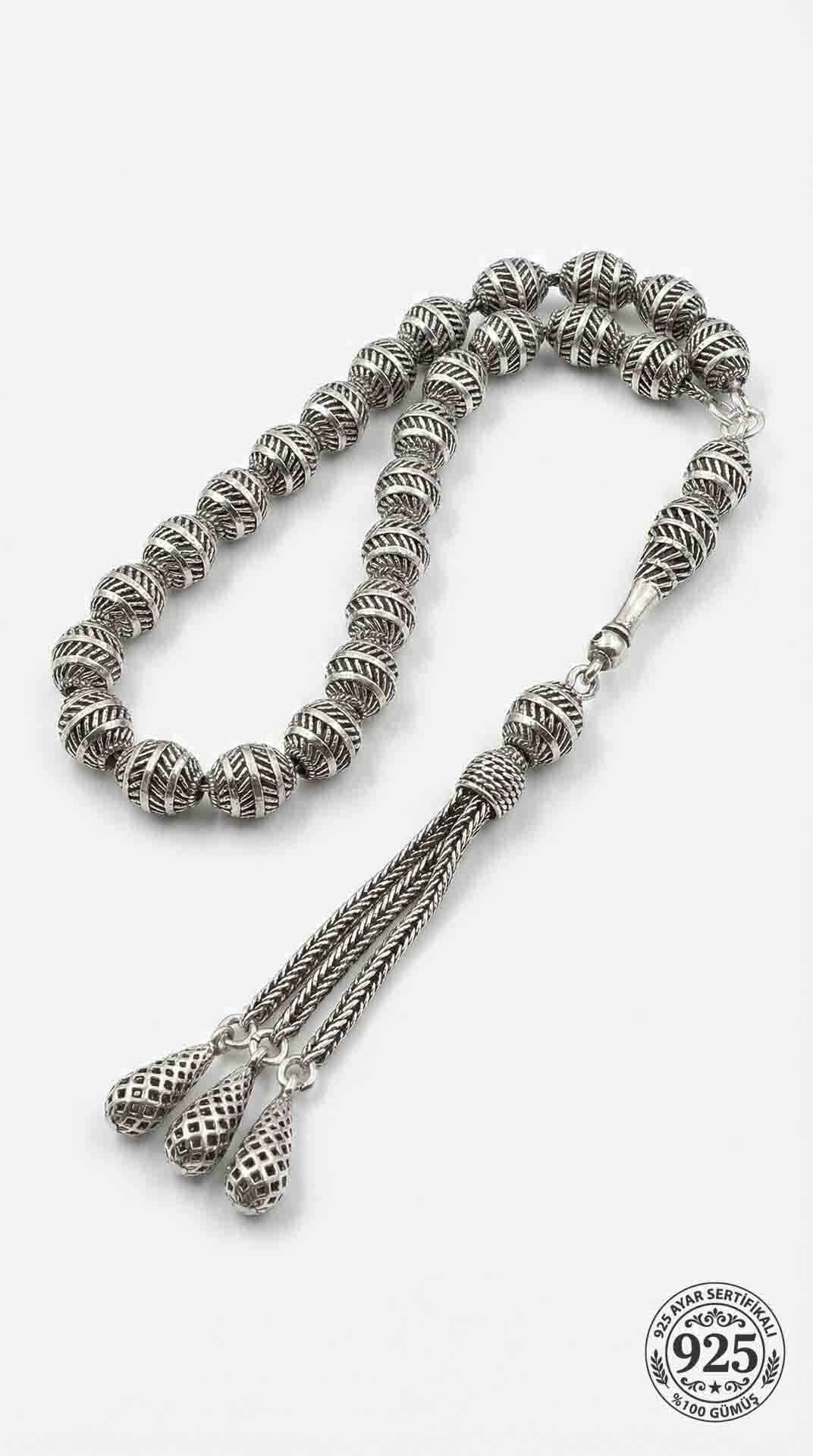 Oval Cut Tassel Line Patterned Traditional Prayer Beads Silver