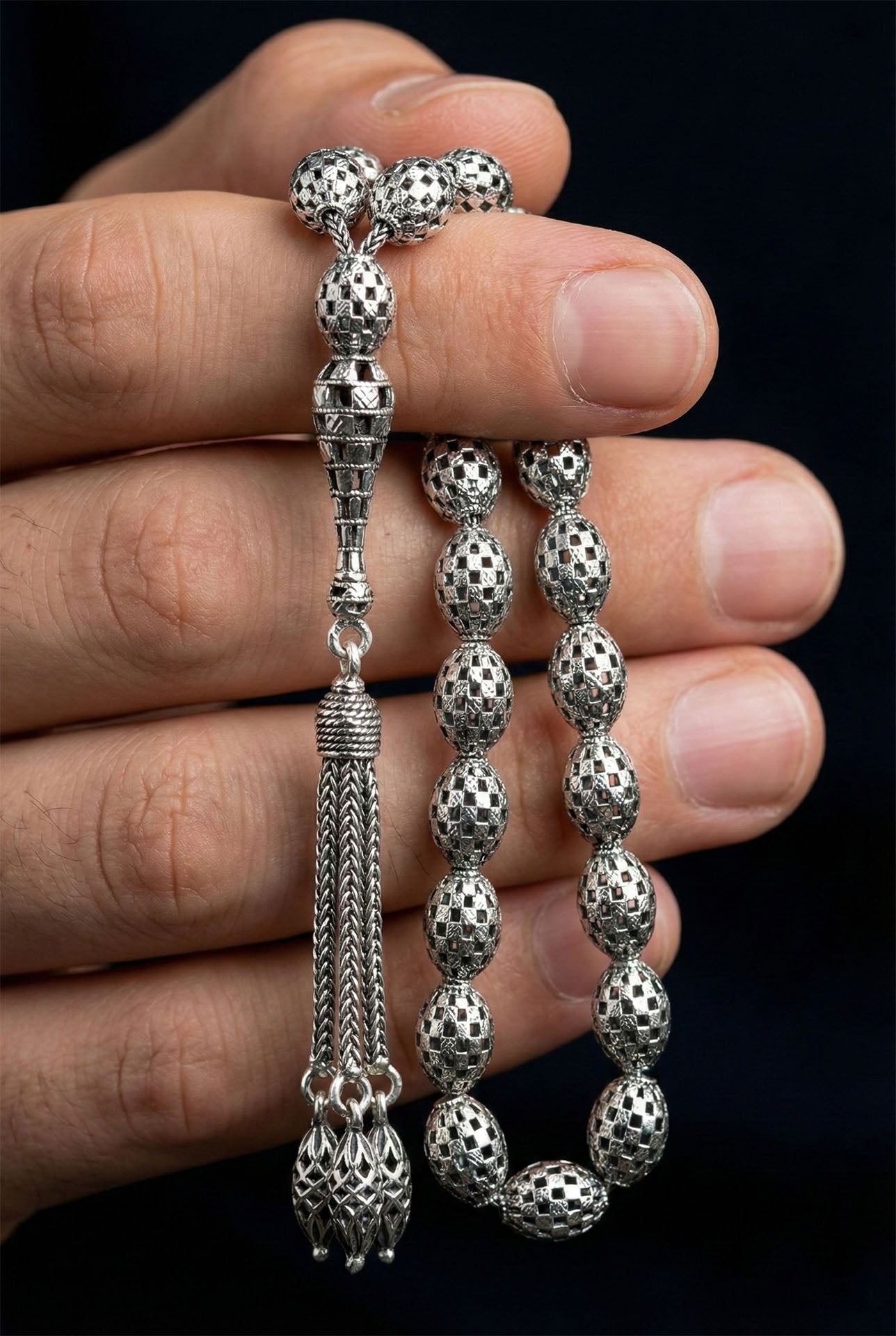 Oval Cut Tassel Checkerboard Embroidered-Style Traditional Prayer Beads Silver